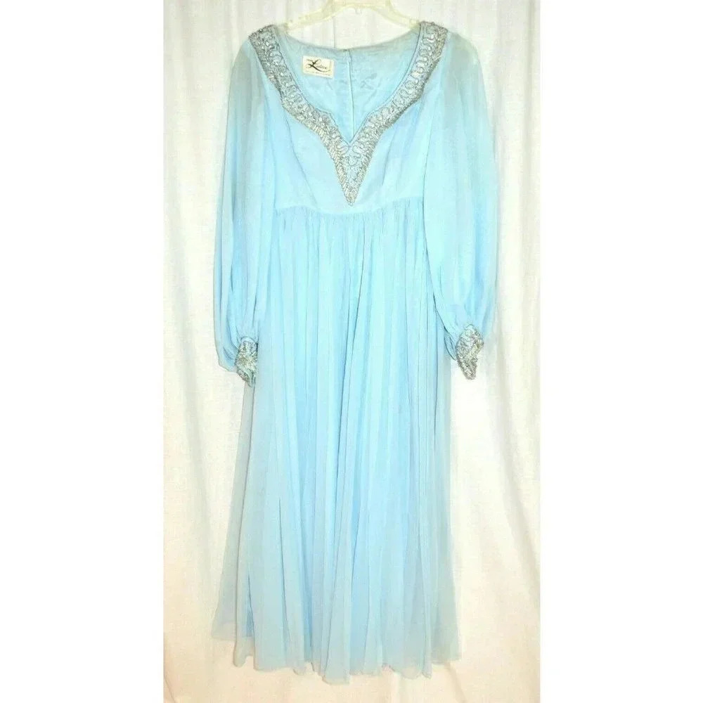 Jean Lutece 1960s Blue Chiffon Dress Heavy Beading